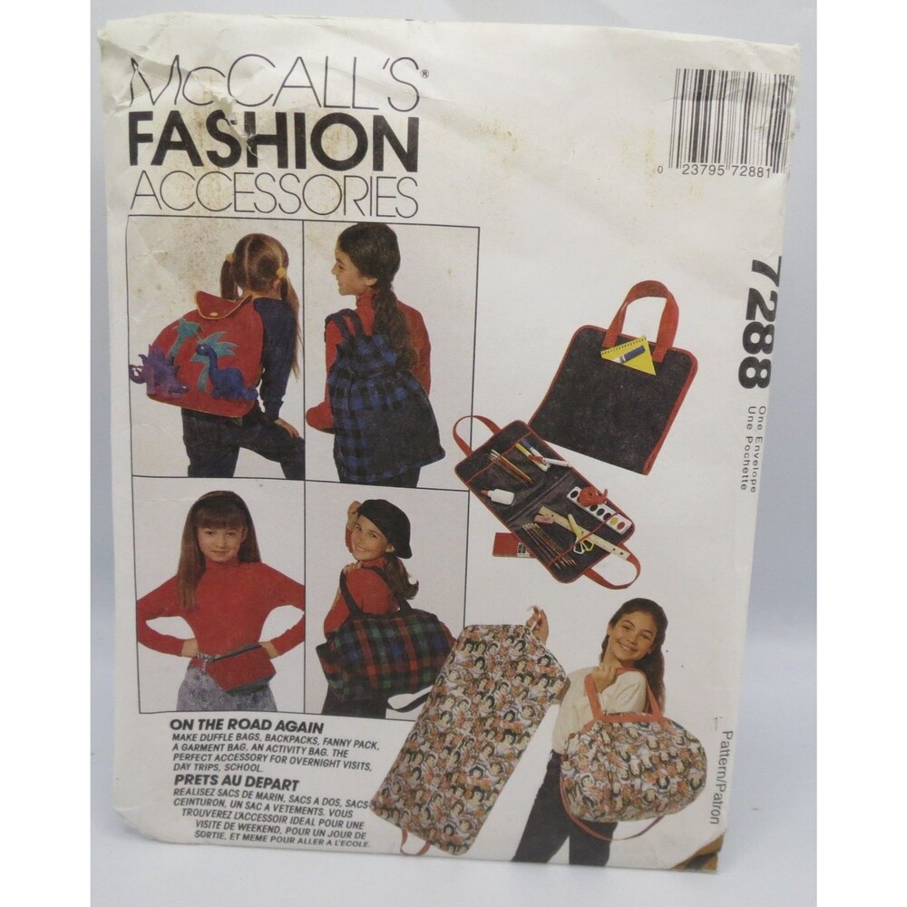 McCall's 7288 Fashion Accessories Garment Duffel Backpack Fanny Kids 1990s
